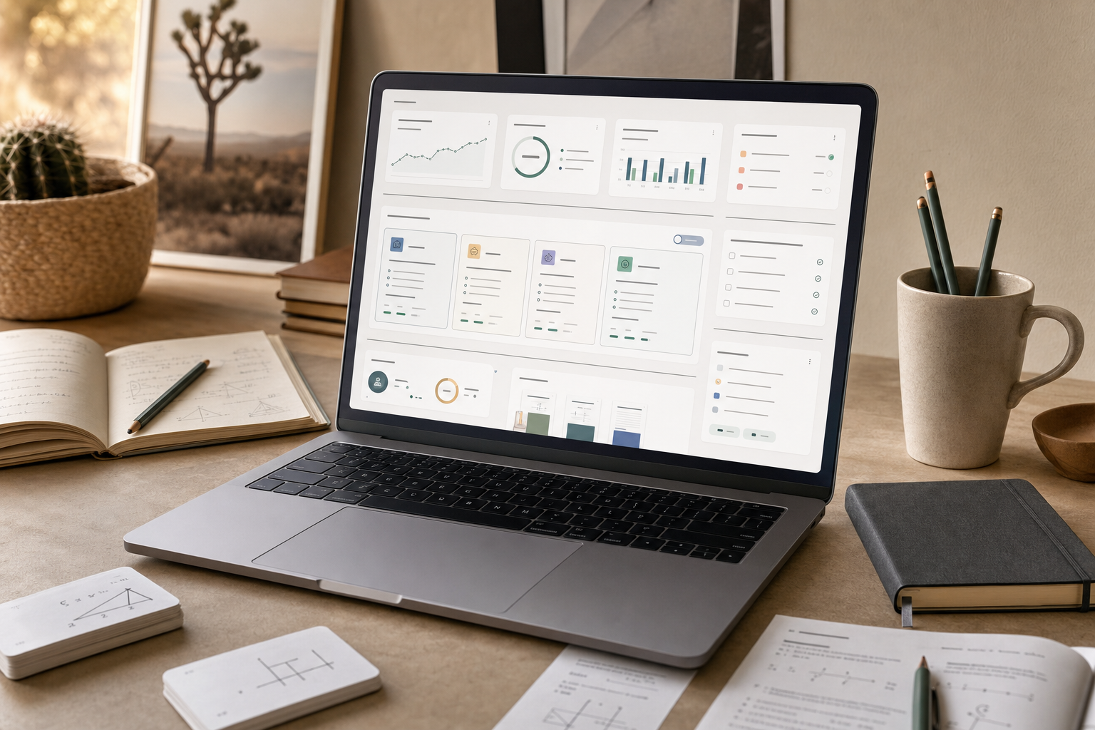 A calm parent dashboard mockup on a tablet with charts, progress cards, and printed learning materials nearby.
