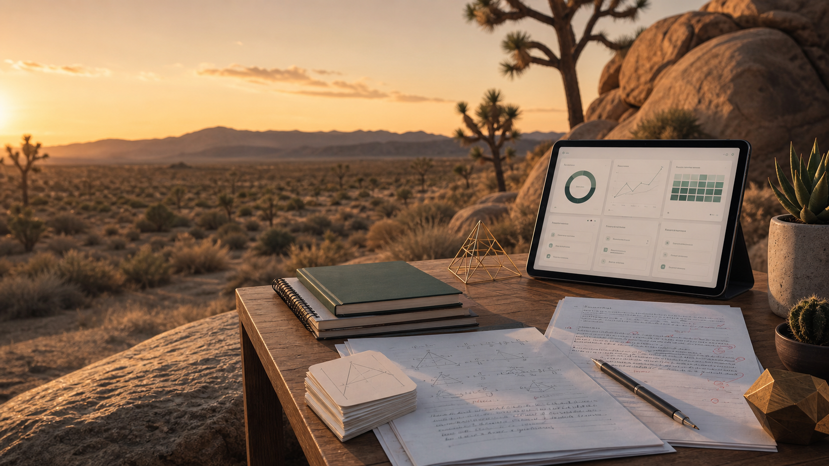 A quiet desert study table with notebooks, printed worksheets, flashcards, and a tablet at sunset.